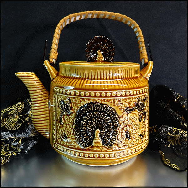 1960s Peacock Vintage Teapot Honey Glass w Rattan Handle