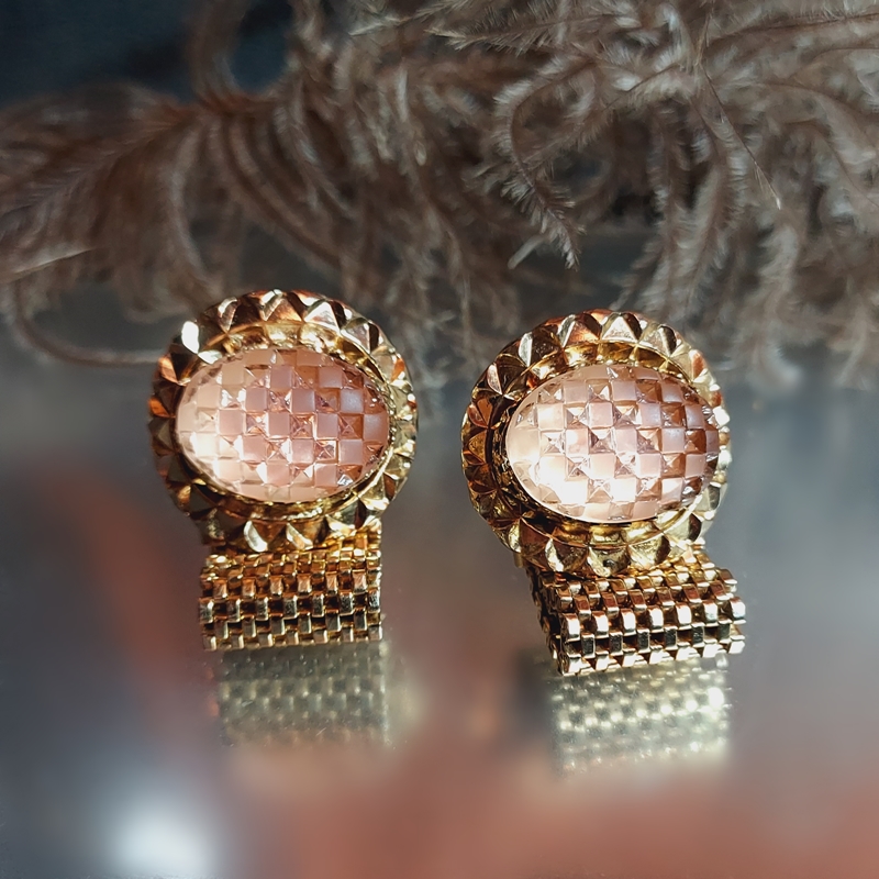1970s Designer Dante Pink Crystal Checkerboard Faceted Vintage Cufflinks