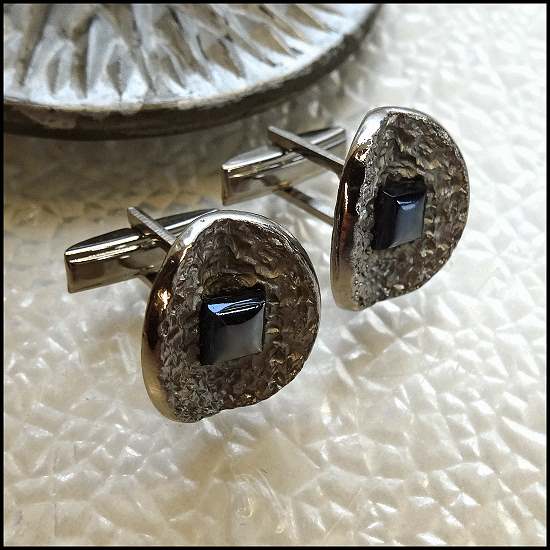 1950s Silver Nugget Hematite Retro Vintage Cufflinks