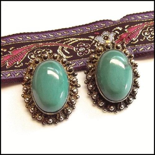 1950s Persian Sterling Turquoise Clip Earrings Signed Israel