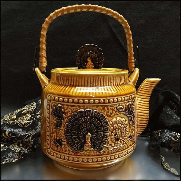 1960s Peacock Vintage Teapot Honey Glass w Rattan Handle