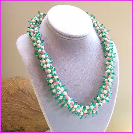 1940s Rare French Givre Pink Green Glass w Pearls Vintage Necklace