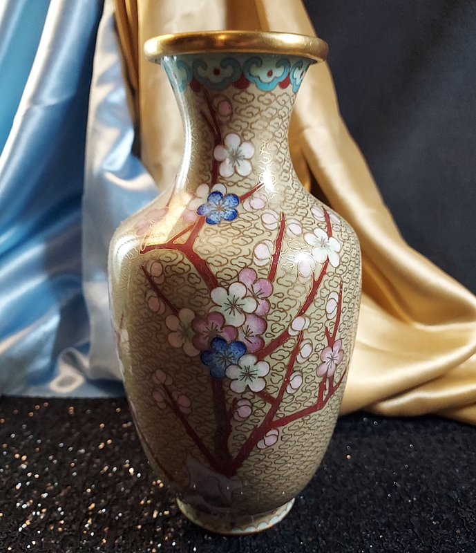 1960s Chinese Cloisonne Vase Cloud & Bird w Plum Blossoms