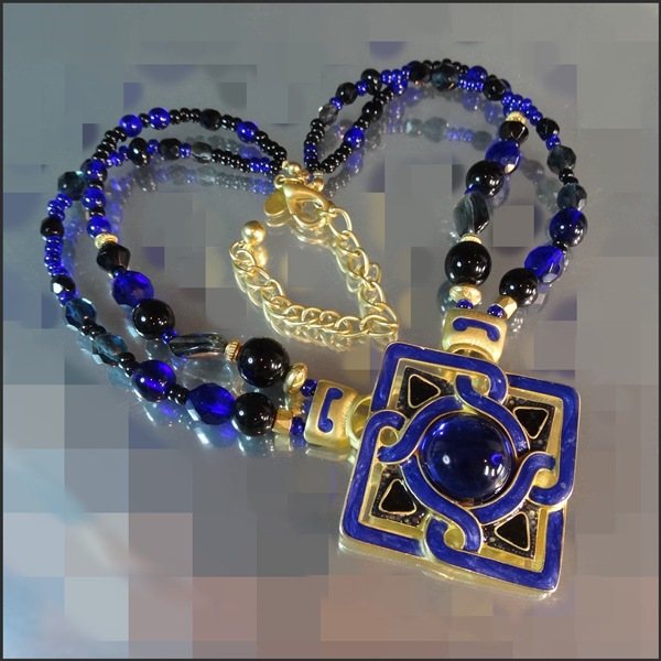 1990s Designer Signed Celtic Cloisonne Blue Glass Gold Necklace