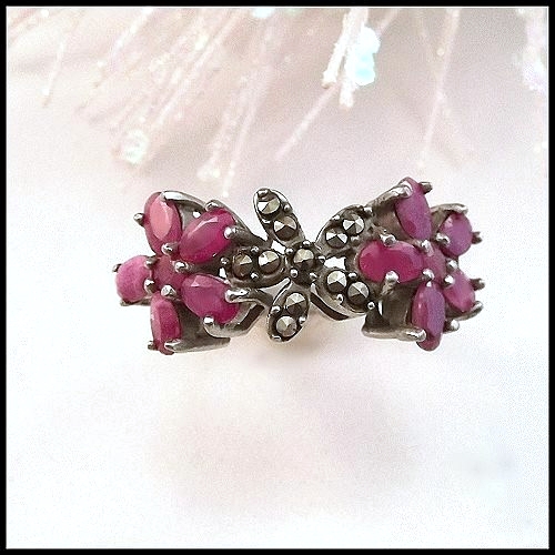 Vintage Pink Tourmaline 925 Sterling Silver Ring w Marcasite Flowers Sz 8 