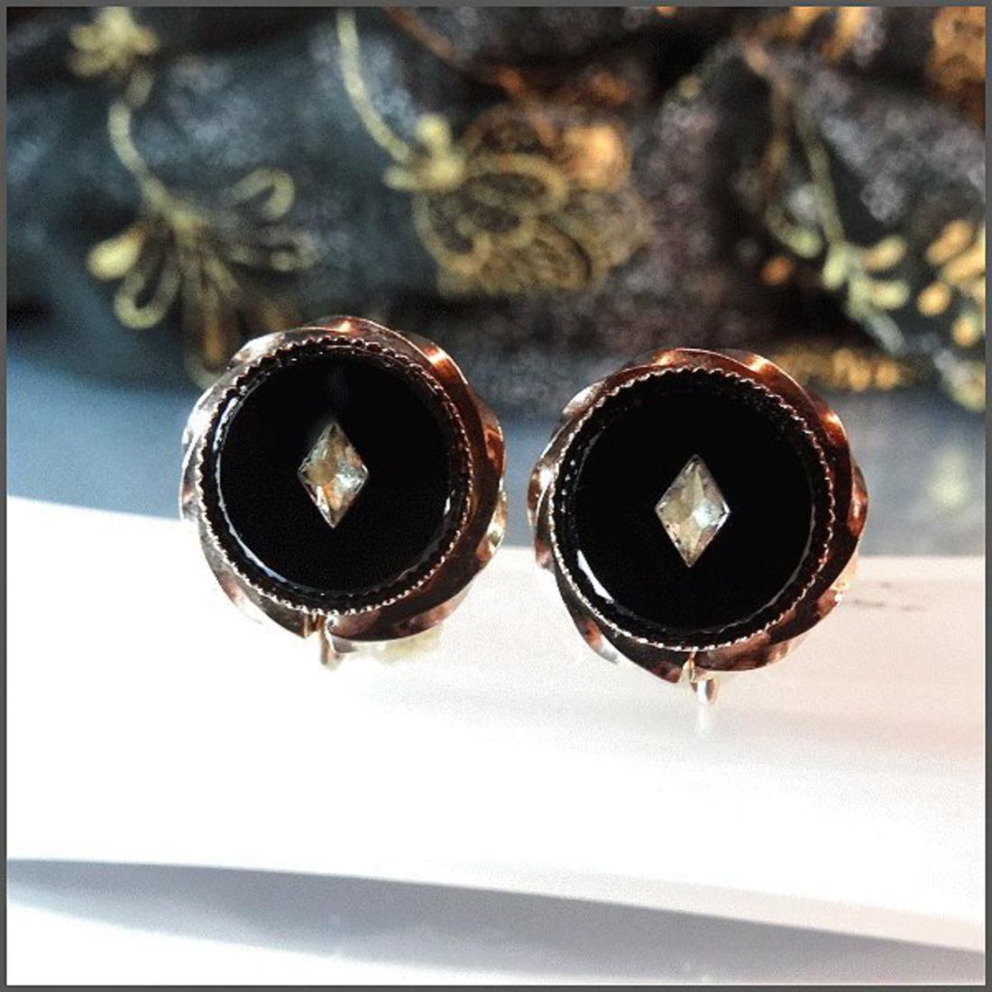 1940s Vintage 14 kt Gold GF Diamond and Black Onyx Fine Jewelry Earrings
