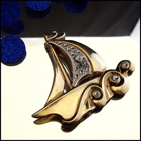 Antique Art Deco Nautical Brooch Gold Sailboat