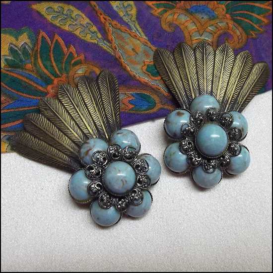 1930s Dress Clips Silver Brass Feather Turquoise Glass Pair