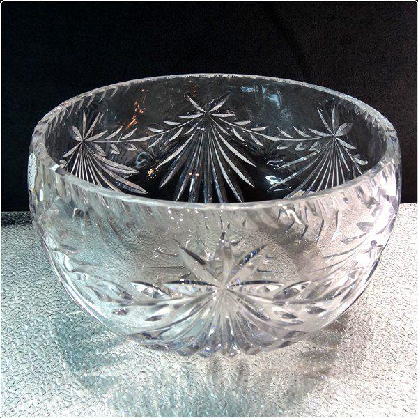 1980s BIG Magnificent Carved Fans Vintage Polish Crystal Bowl 4.5 Pounds 
