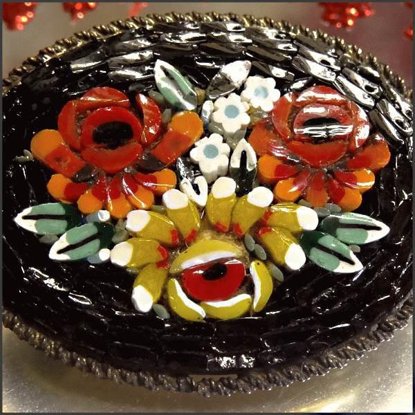 1930s Antique Italian Brooch Black Caned Glass Mosiac Flowers Pin