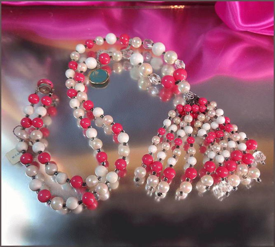 1960s Vintage Hot Pink Pearl Tassel Necklace w Crystals Signed Glamour 
