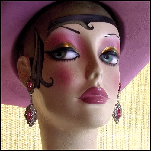 1950s Art Deco Pierced Earrings Pink Crystal Diamond Chandeliers