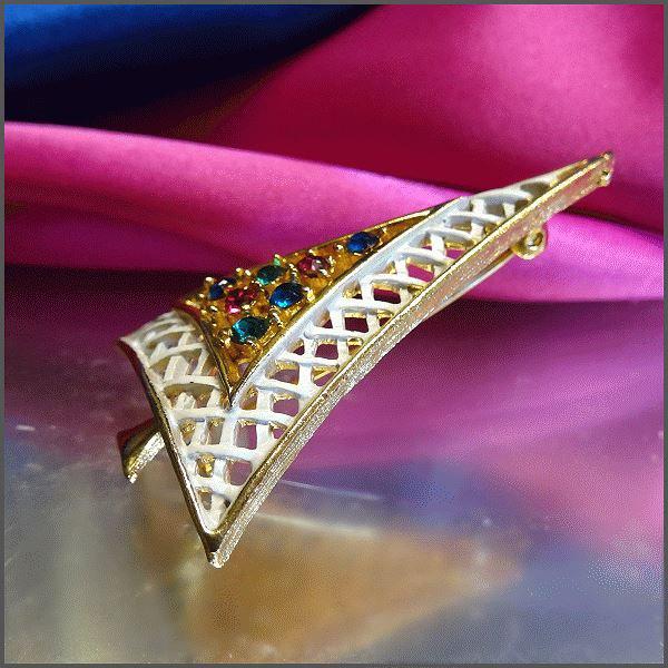 1960s Vintage Christmas Tree Pin Modern Lattice w Rhinestones