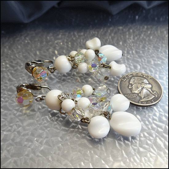 1950s Vintage Milk Glass Clip Earrings Dangles w Austrian Crystals 
