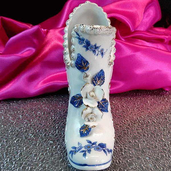 1960s Big Vintage Porcelain Shoe Blue n Gold Flowers