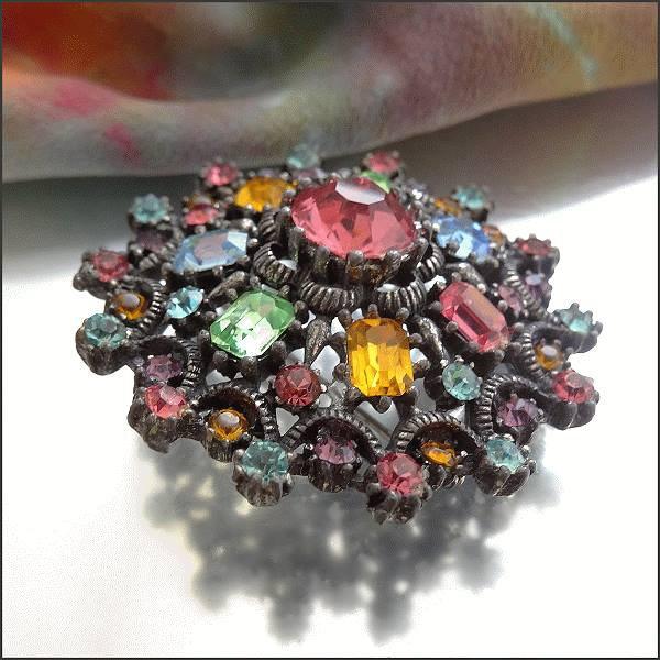 1950s Rare Signed CORO Pastel Jewel Rhinestone Vintage Brooch