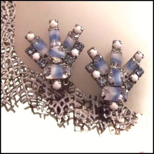 1950s Vintage French Blue Givre Glass Clip Earrings 