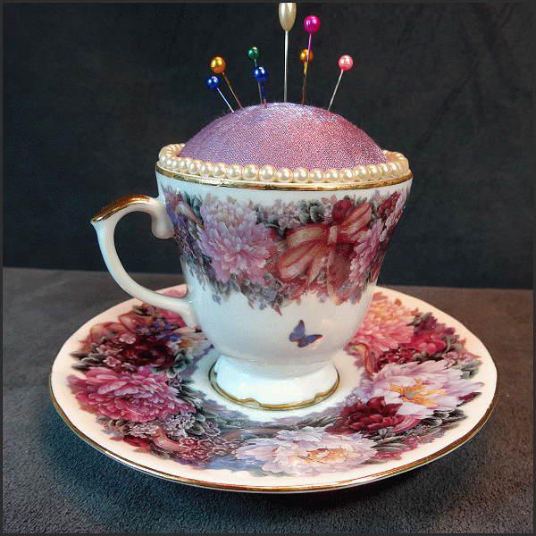 1995 Vintage Teacup Pin Cushion Sgnd Lena Lui Peonies w Butterflies