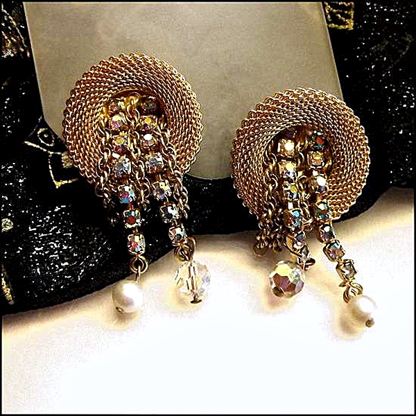 1950s Hattie Carnegie Gold Mesh Hoop Crystal Dangle Vintage Earrings