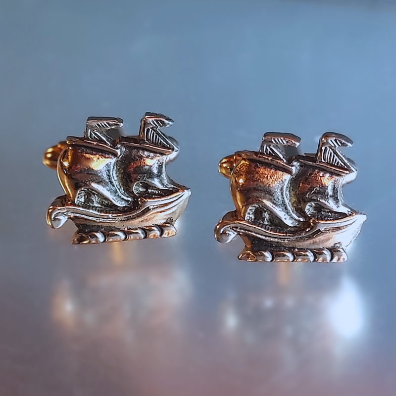 1950s Silver Celtic Viking Ship Nautical Vintage Cufflinks