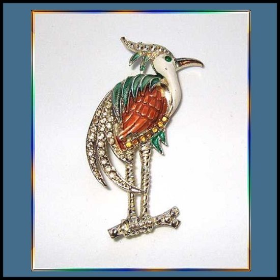 1930s Antique Bird Brooch Book Piece Pot Metal Rhinestone Heron
