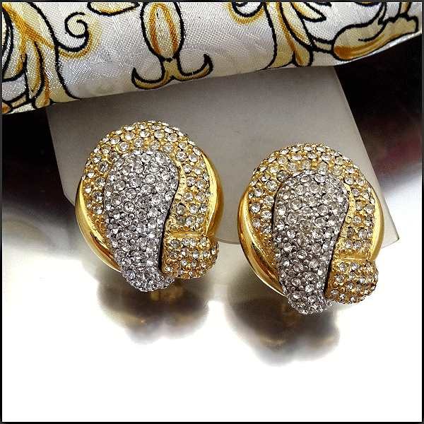 1980s Vintage Designer Swarovski Crystal Earrings Diamante Gold n Silver Ribbons
