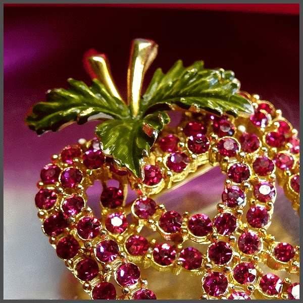 1950s Vintage Strawberry Pin Hot Pink Rhinestones 