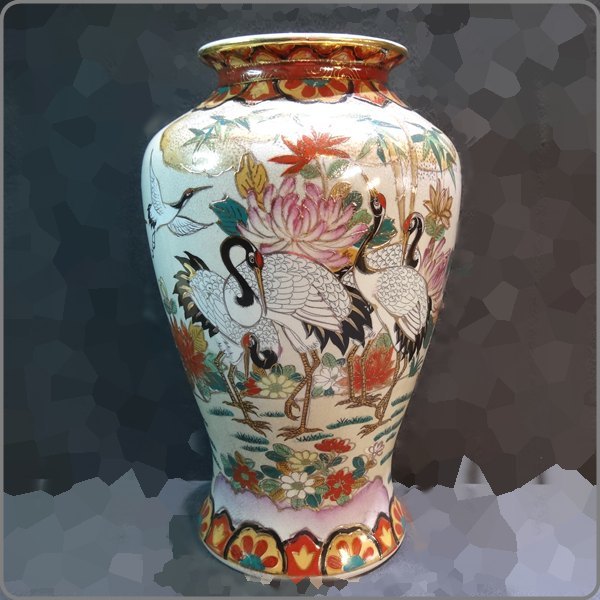 Oriental Large Kutani Style Porcelain Vase Cranes Mums Bamboo