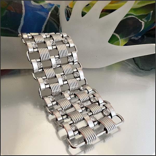 1950s Modern Silver Link w Crystals Wide Retro Vintage Bracelet