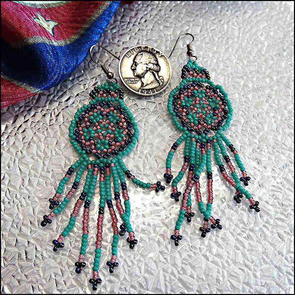 1980s Cherokee Indian Vintage Earrings Pierced Turquoise Bead Chandeliers 