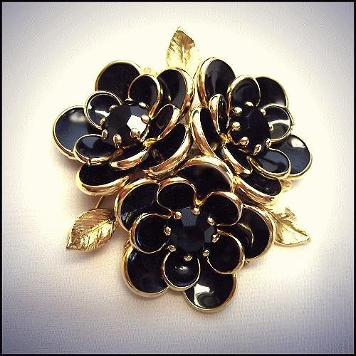 1950s Rare Big Gold n Black Glass Vintage Flower Brooch