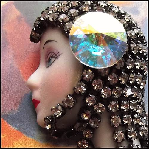 Art Deco Lady Face Pin Rivoli Crystal Vintage Rhinestone Brooch
