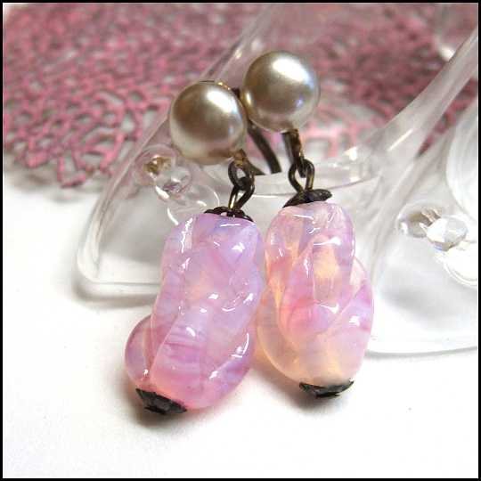 1930s Antique Earrings Petite French Pink Opal Glass w Pearls