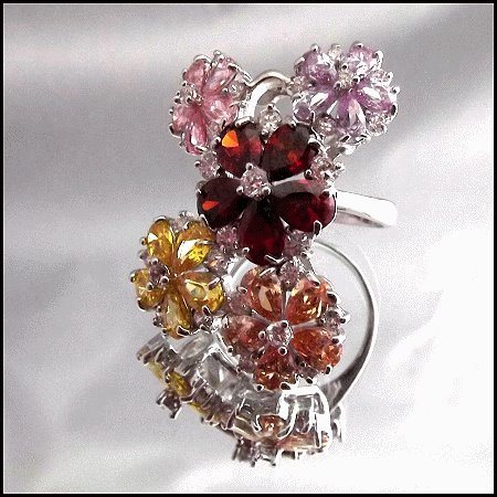Big Gemstone Flower Ring Yellow Pink Red Cluster Design Size 9