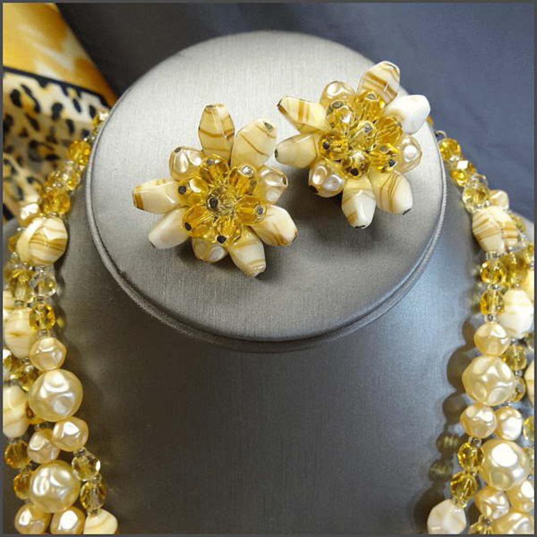 1950s West German Superb Pearl Citrine Crystal Necklace w Earrings Set
