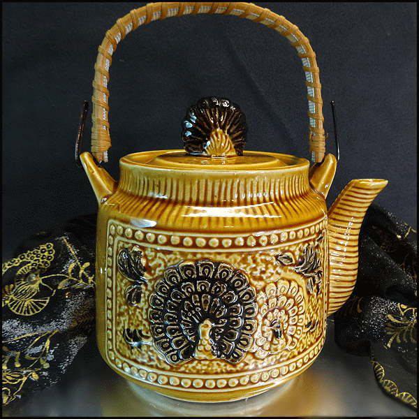 1960s Peacock Vintage Teapot Honey Glass w Rattan Handle