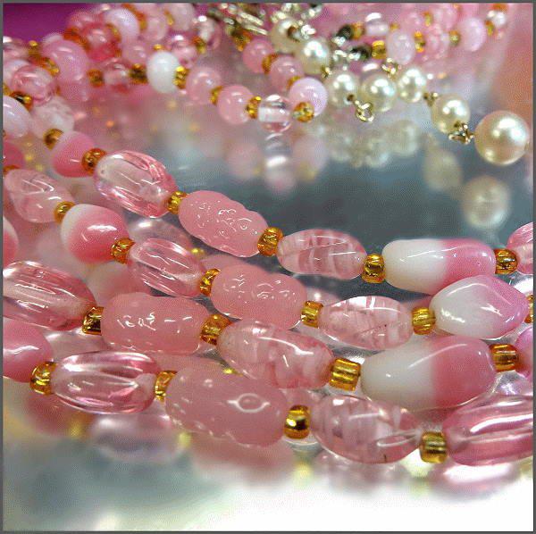 1950s French Pink Caned Glass 4 Strand Necklace w Earrings Set