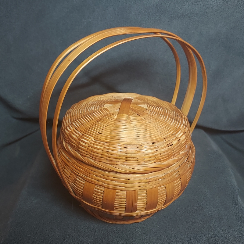 Bamboo Vintage Basket Mid 20th Century Triple Handle Squatty Round 