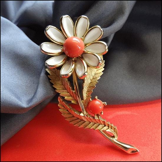 1960s Signed TRIFARI Brooch Gold Orange White Daisy Pin