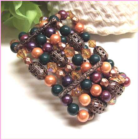 1980s Jewel Tone Colors w Crystals Vintage Pearl Cuff Bracelet