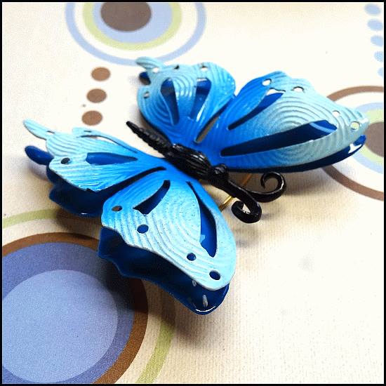 1960s Vintage Butterfly Brooch Pop Art 3D Blue Enamel Pin