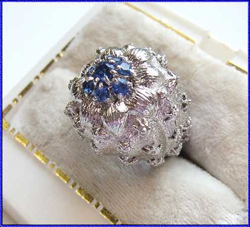 1960s Blue Rhinestone Vintage Ring Brushed Silver Flower