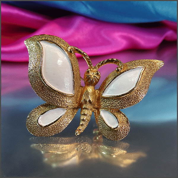 1950s Signed Florenza Gold White Butterfly Vintage Brooch
