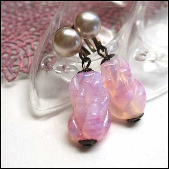 1930s Antique Earrings Petite French Pink Opal Glass w Pearls