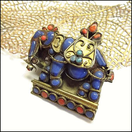 Antique Persian Elephant Brooch Coral w Turquoise Pendant