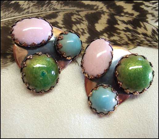 1950s Vintage Copper Earrings Scarab Motif Signed Matisse 