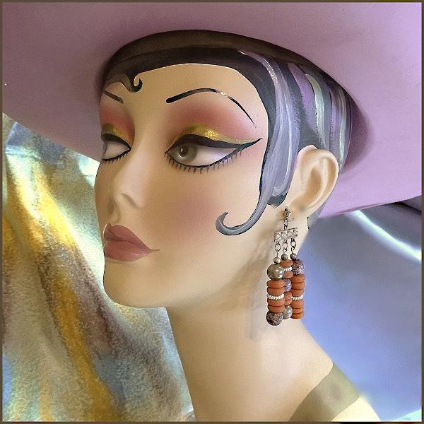 1970s Vintage Pierced Earrings Terra Cotta Wood w Brass Beads 