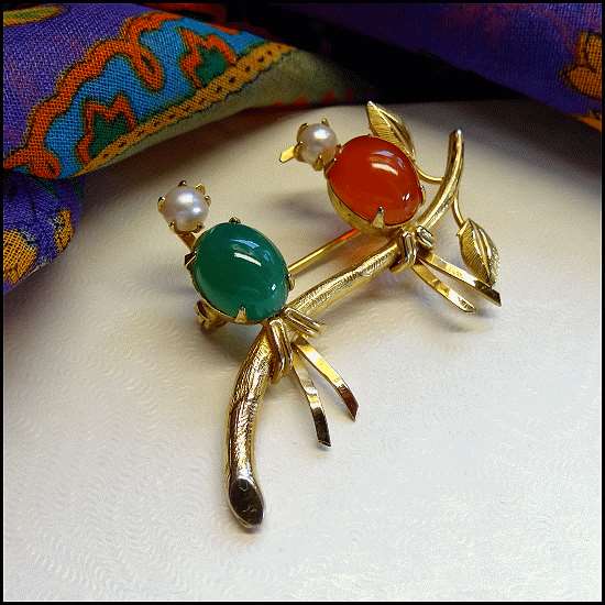 1950s Vintage 14kt Gold Bird Pin Signed IPS 14kt Ayoka Pearls w Gems