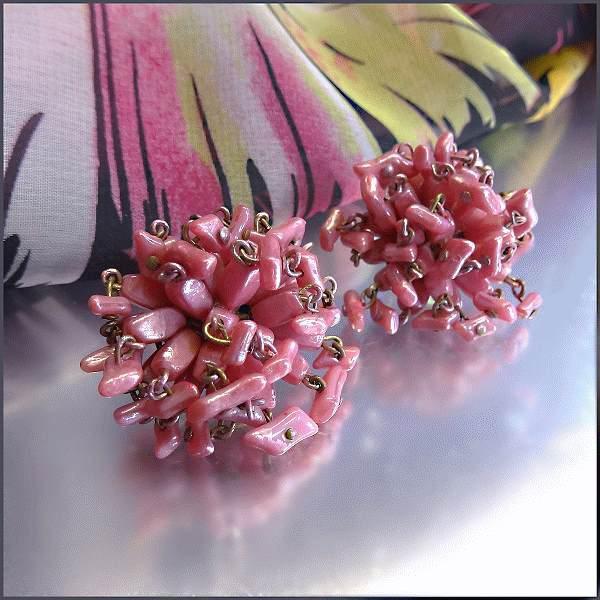 1950s Vintage Earrings Rose Pink Mother of Pearl Clips