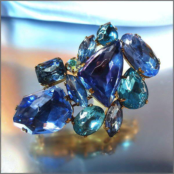 1960s Signed West Germany Blue Aquamarine Glass Retro Modern Brooch